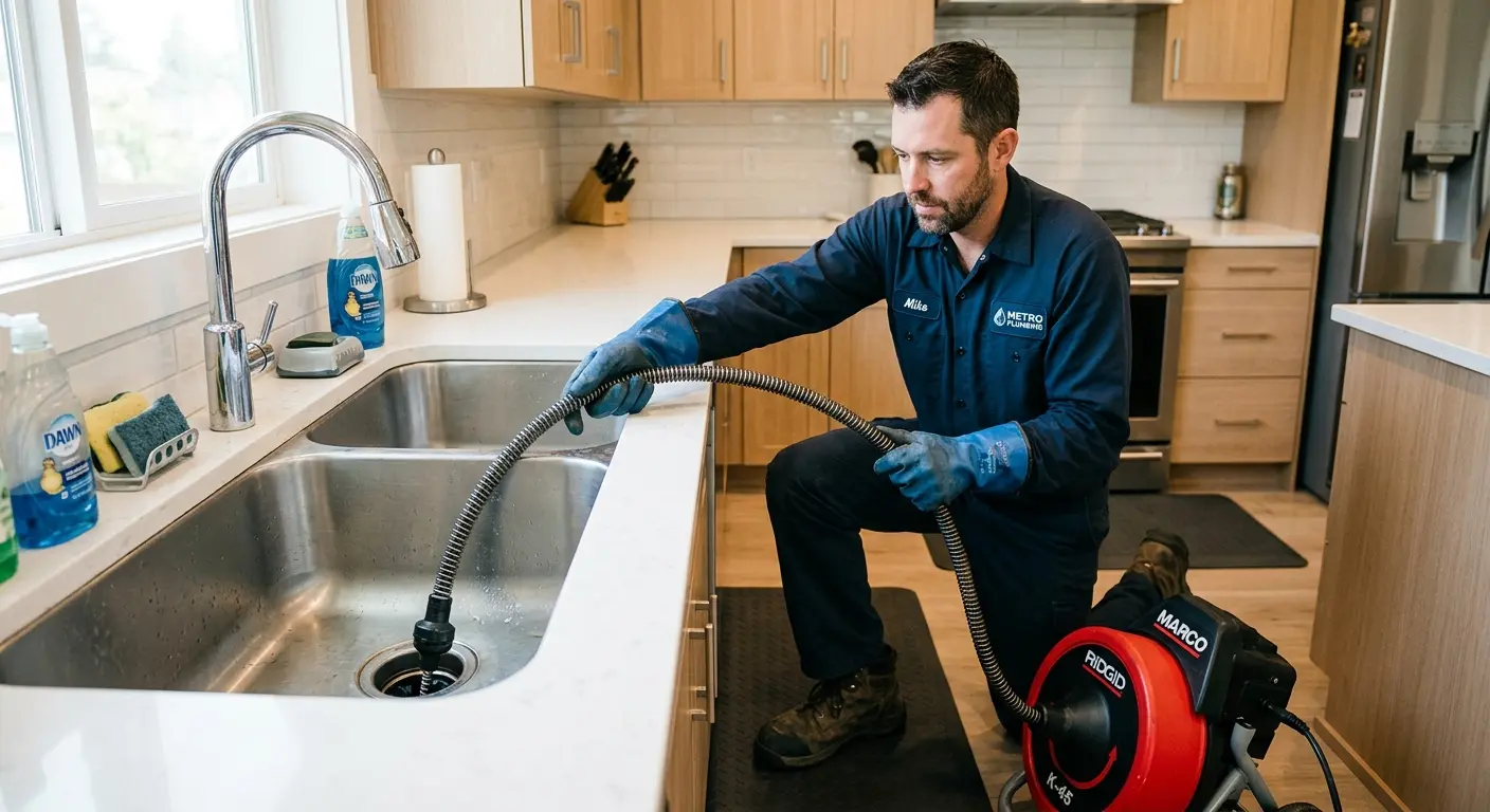Drain cleaning technician using a motorized snake on a kitchen sink in Floresville