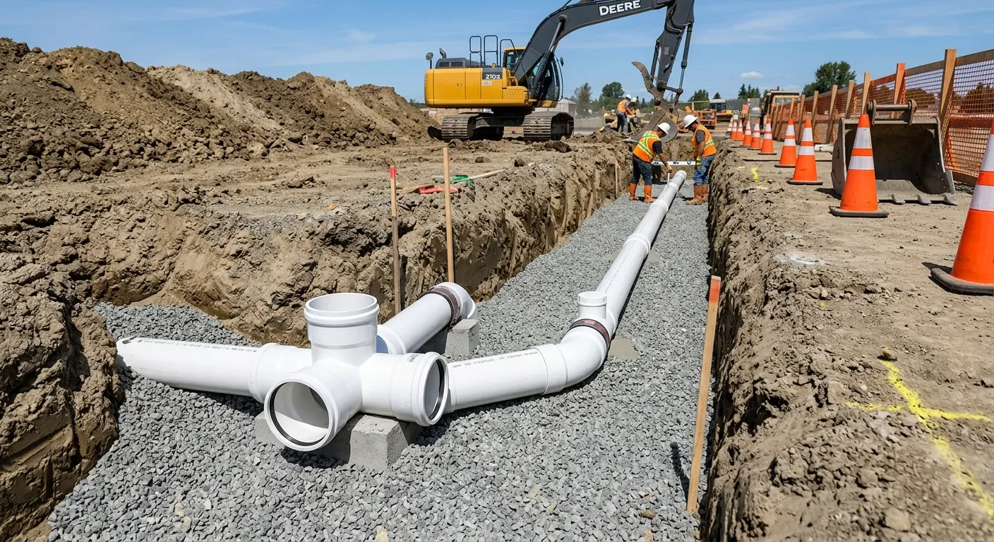 New PVC sewer pipe installation in open trench for Commercial Drain Cleaning in Floresville
