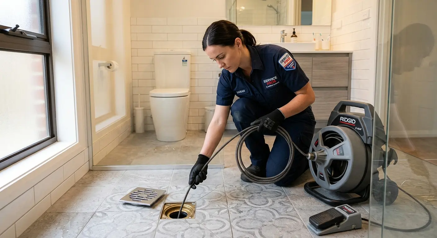 Technician clearing a bathroom floor drain for Drain Cleaning in Floresville